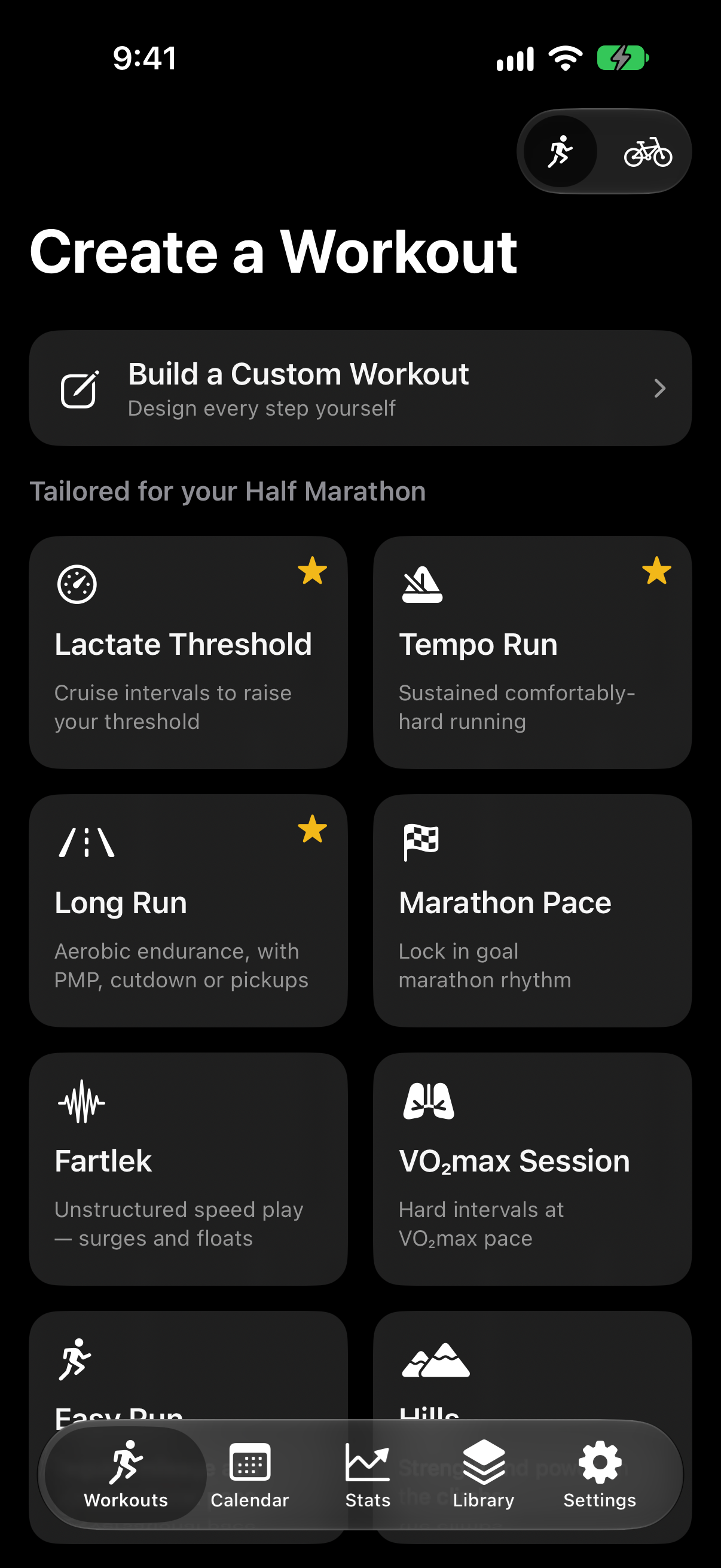 LapLimit home screen with workout categories