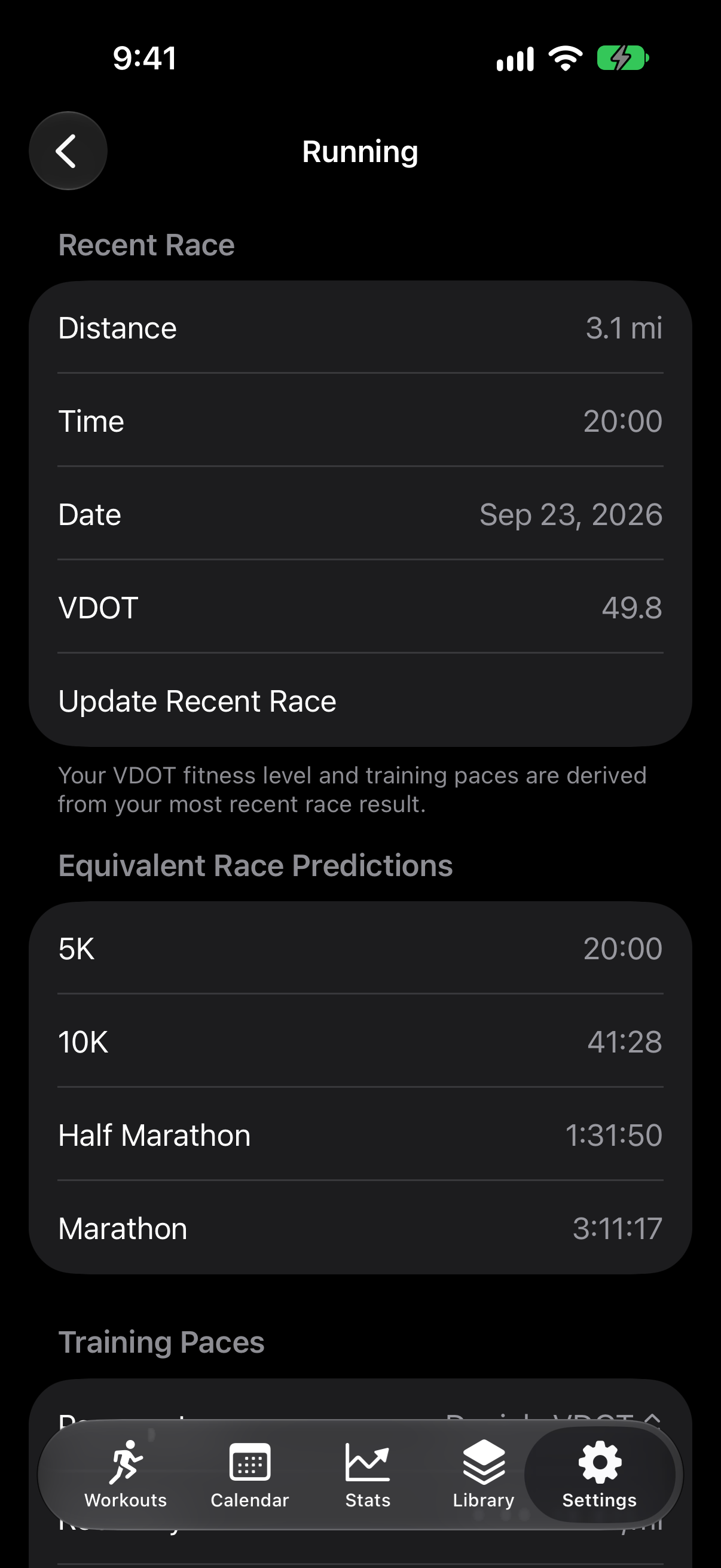 Settings with VDOT, goal race and pace system